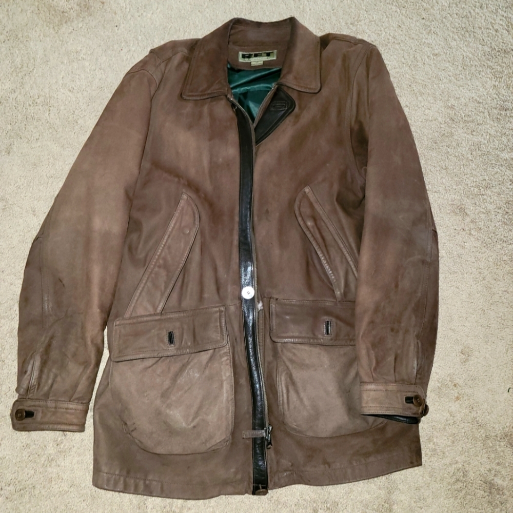 Mens large leather coat with removable down liner great condition. RFT